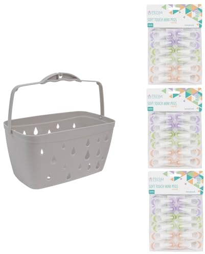 JVL Grey Peg Basket with 36 Soft Touch Mini Clothes Pegs – Laundry Peg Storage – Assorted Colours