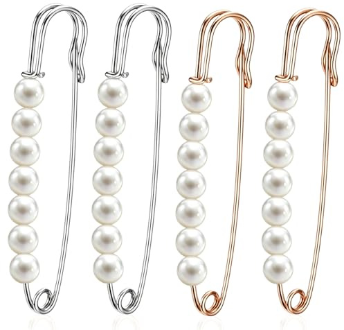 ELNX 4 Stück Große Sicherheitsnadeln mit Perlen, 7,9cm Faux Perle Brosche Nadeln, Modische Sicherheitsnadel für Kleidung, Pullover, Schal und Rock, 2 Silber & 2 Gold