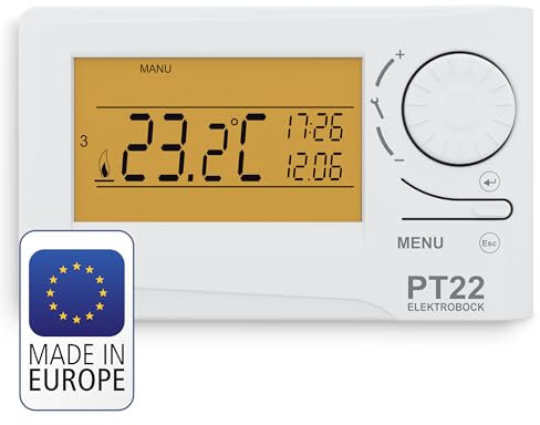 ELEKTROBOCK PT22 - Programmierbares Wandthermostat - Großes beleuchtetes LCD Display - 𝑳𝓐𝑵𝐆𝑳𝜠𝓑𝑰𝐆 - Einstellbares Wochenprogramm - Batteriebetrieb (2x AA) - Für alle Kesselarten geeignet