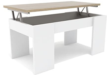 DORMIDAN- Mesa de Centro elevable, Comedor o Auxiliar, Mayor Grosor y Estabilidad (Blanco Tapa Roble)