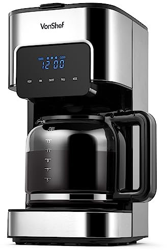 VonShef Filter Coffee Machine - 1.5L Drip Coffee Maker with Hot Plate & Programmable 24 Hour Timer, 900W, Digital Display, Keep Warm Function, Reusable Filter, 12 Cup Capacity - Silver.
