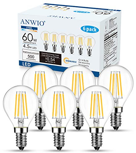 ANWIO Clear G14 LED Light Bulb Filament Bulb Dimmable Small Globe Round Light Bulbs 4.5W(60W Equivalent) Warm White 2700K 500lumen LED Bulb E12 Base Lightbulb Chandelier Edison Light Bulb 6 Pack