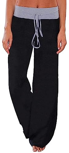 Famulily Womens Casual Wide Leg Plain Pajama Bottoms High Waisted Drawstring Lounge Pants Black M