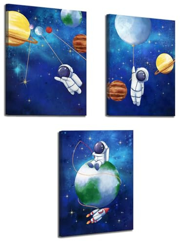 Biuteawal Space Wall Art for Boys Girls Kids Bedroom Nursery Room Decor Funny Astronaut and Planet Canvas Painting Blue Astronomy Poster Picture Prints 3 Piece Artwork Framed