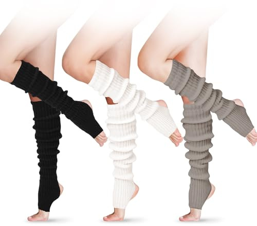 SATINIOR 3 paia di scaldamuscoli lunghi invernali da donna, 61 cm, sopra il ginocchio, a coste, scaldamuscoli per feste anni '80, danza, sport, Nero, Bianco, Grigio, Taglia unica