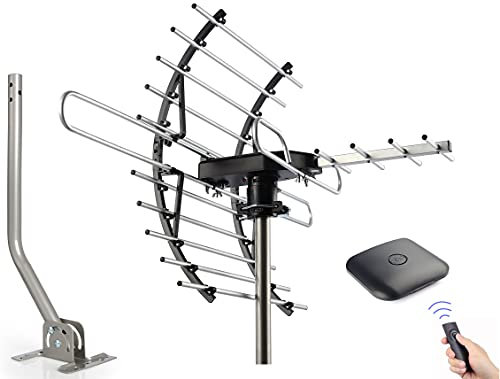 PIBIDI Digital HD-TV-antenn, förstärkt vind-/utomhusantenn, 360 graders roterbar, trådlös fjärrkontroll, 4K 1080P VHF UHF, monteringsstång ingår, 200 km räckvidd
