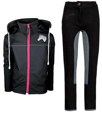 MS-Trachten Kinder Reitset Eva Softshell Reitjacke schwarz mit Silikon-Vollbesatz Reitleggings Grau (158/164)