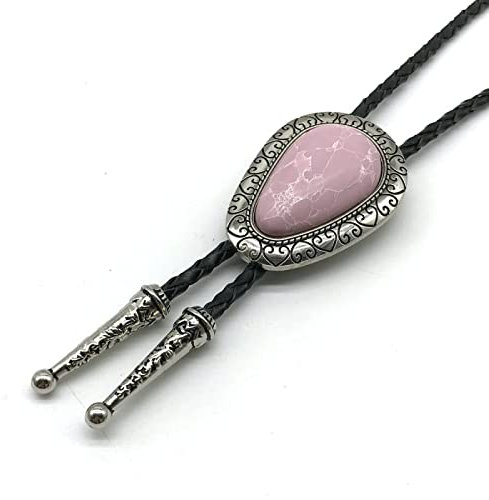 DELIGUO Bolo Ties Krawatte Für Herren - European American Water Drop Natural Turquoise Accessoires Antikes Muster Anhänger Krawatte, Leder Seil Temperament Halskette,Lavendel,Einheitsgröße