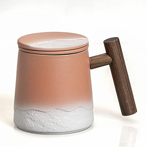 Keramik Teetasse mit Deckel,13oz Teebecher mit Holzgriff Verlaufsmuster und Geschenkverpackung mit Wolkenschnitzerei für verschiedene Festivals. (Pink)
