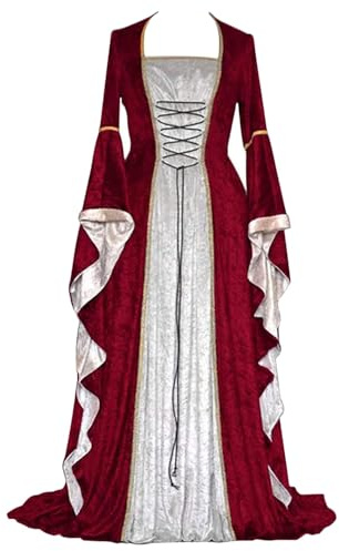 Feynman Robe rétro médiévale pour femme - À manches trompette - Style victorien, Renaissance, gothique - Costume de carnaval, de princesse - Pour les fêtes, Halloween, Rouge, L