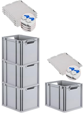 PROREGAL SuperSparSet 4x Eurobox NextGen Economy mit Scharnierdeckel & blauen Verschlüssen | Griffe offen | HxBxT 32x30x40cm | 30 Liter | Eurobehälter Transportbox Transportbehälter Stapelbehälter