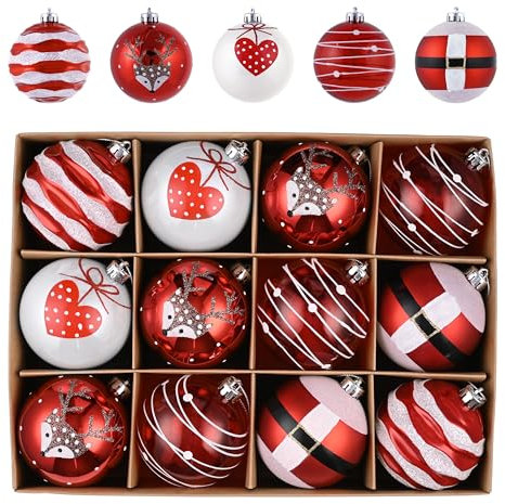 Valery Madelyn Weihnachtskugeln, 12 Stücke 8cm Christbaumkugeln Kunststoff Weihnachtskugel Weihnachtsdeko mit Aufhänger Geschenkpaket Weihnachtsbaumschmuck Rot Weiß Thema