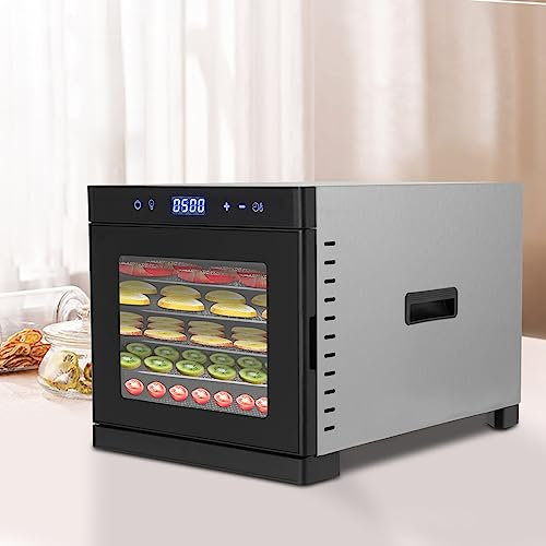 Dörrautomat edelstahl, Food Dehydrator mit Rezepte,inkl. 6 Edelstahl-Dörrtabletts, 24 Std. Zeitschaltuhr, LED-Display (35°-75°C) und 700W, Schwarz
