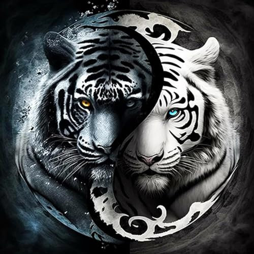 DAERLE Diamond Painting Kit Completo, Kit de Pintura de Diamantes Kits Adultos, Pintura de Diamantes Tigre blanco y negro, Cuadro Diamantes, Pintura Diamante Animal 30x30cm