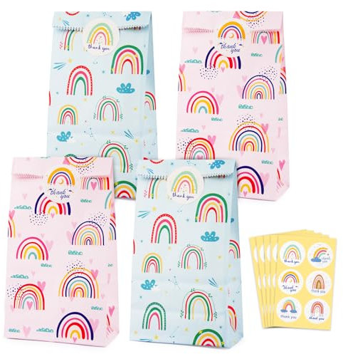 24 Stück Regenbogen Geschenktüten Papiertüte Kinder Süßigkeiten Beutel Partytüten Candy Tüten mit 24pcs Aufkleber für Hochzeit Kinder Party Geburtstag