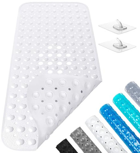 Baozun Tappetino Antiscivolo per Vasca da Bagno e Doccia,100 x 40cm Extra Lungo con Ventose Bath Mat Universale per Bagno, in PVC,Antibatterico,Resistente alla Muffa,Lavabili in Lavatrice (Bianco-B)