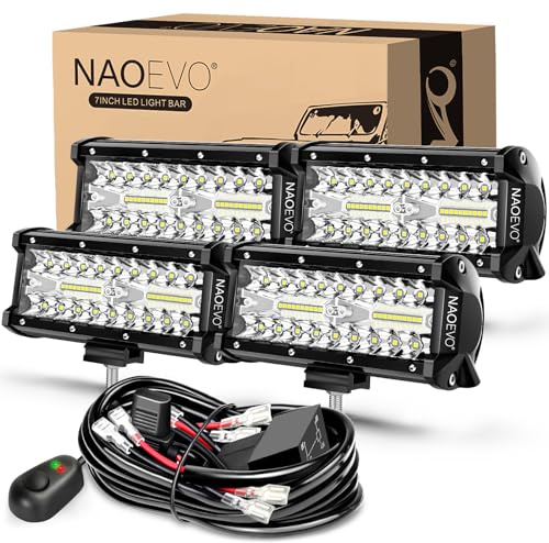 NAOEVO - Barra de luz LED de 7 pulgadas, luces LED de niebla/conducción/todoterreno, luces LED de tractores con 4 cables de arnés de cableado, luces LED, luces de trabajo para camión, barco, ATV UTV