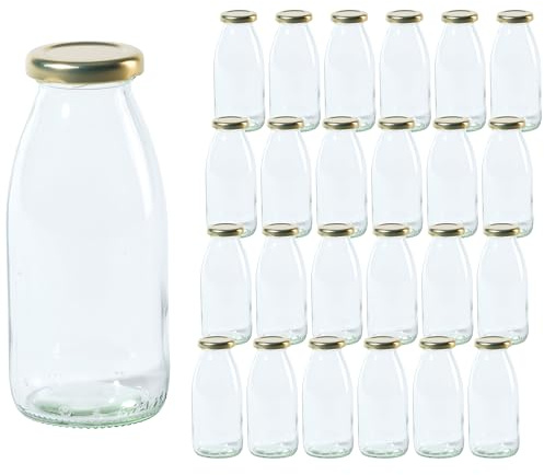 Vitrea 24 leere Glasflaschen 250ml Schraubverschluss Gold - Milchflaschen, Saftflaschen, kleine Flaschen zum Befüllen mit Deckel - für Milch, Saft, Smoothies, Öl - 24 Stück, TO43, Hansa