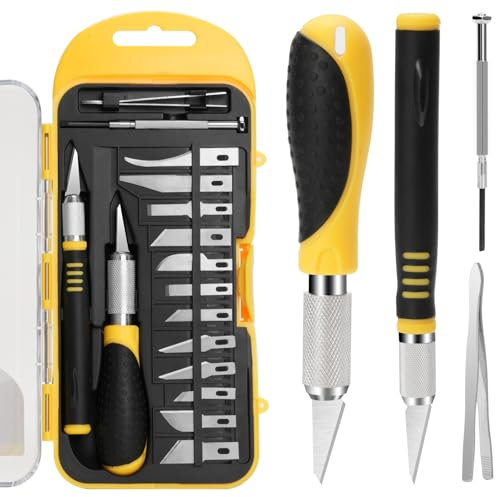 Woonyee Skalpell Set, Skalpell Basteln, Skalpell mit 12 ErsatzklingenPräzise, Scharf, Komfortabel, Aluminium Universal-Multifunktions-Stil für Handwerk Schnitzen, Diy, Kunstproduktion (Gelb)