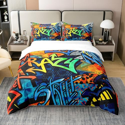 Homemissing Hippie Graffiti Style Housse de Couette 200x200cm 100% Coton Adolescent Hip Hop décoration Enfants Parure de Lit Garçon Fille Graffiti Motif Literie Set Street Culture Série 3 pièces