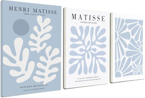 AGOLINE Set of 3 Blue Matisse Wall Art-Abstract Blue Henri Matisse Prints Framed Canvas Wall Art for Living Room,Pictures for Bedroom Walls,Bathroom Decor,Kitchen Pictures Wall Decor-12x16in