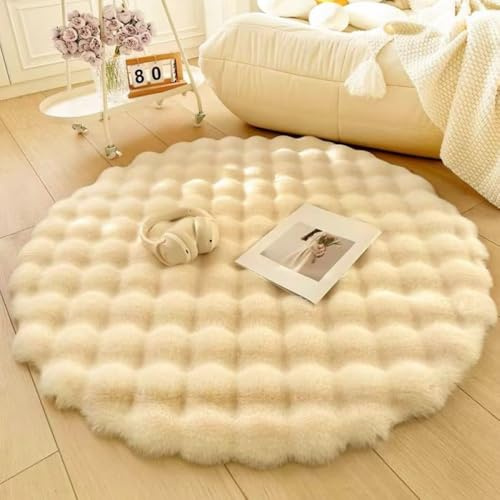 Nyescasa Hochflor Teppich Rund Langflor Wohnzimmer Beige 80cm | Modern Flauschig Weich Runder Kunstfell Teppich für Wohnzimmer Kinderzimmer Schlafzimmer Flur Shaggy Innen