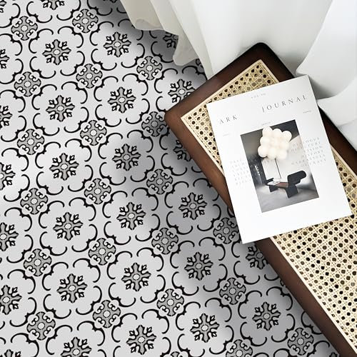 Alwayspon Vinyl Flooring, Black and White Self Adhesive Stick on Floor Tiles Transfer for Bathroom Kitchen, Splashback, Peel and Stick Vinyl Flooring Tiles Sticker, 24PcsX20cm/8inch