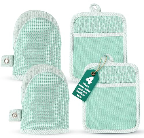Casa Platino Heat Resistant Oven Mitts & Pot Holders, 4-Piece – Oven Mitt for Baking & BBQ, Potholders for Kitchens – Withstands Heat Up to 500°F, Soft, Durable & Non-Slip – Sage