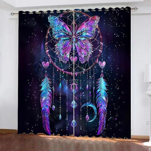 Gardinen Böhmen Motiv Lila Traumfänger 2 Stück H 100Cm X B 70Cm,Vorhang Blickdicht Ösen Kurz,Verdunklungsvorhänge Kinderzimmer Mädchen Jungen,Kinder Vorhang Verdunkelung Für Schlafzimmer,A22