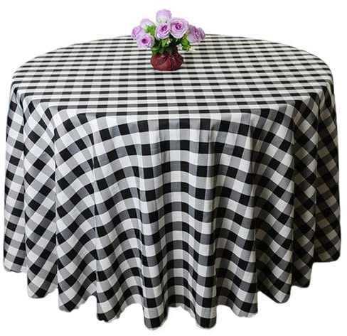 Buffalo Plaid runde Tischdecke, 71 Zoll Baumwollleinen, schwarz-weiße Tischdecke, schmutzabweisende karierte Tischdecke für Küche, Esszimmer, Abendessen, Versammlungen, karierte Tischdecke, schwarz-we