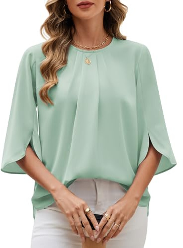 PASUDA Camicia Donna Elegante Manica a 3/4 Top Blusa a Girocollo in Chiffon Casual Camicetta Estiva Tinta Unita Manicotto Split Maglietta da Lavoro (Verde, M)