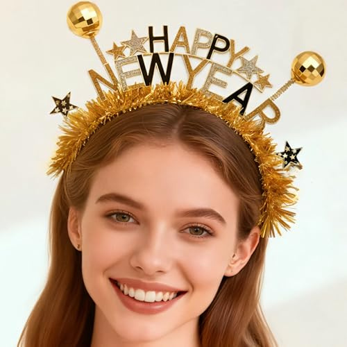 Charfia Happy New Year Haarreif, 2026 Haarschmuck Haarreifen, Silvester Kopfschmuck Erwachsene Outfit Damen Herren Kinder Haarreif Silvester Accessoires Geschenke