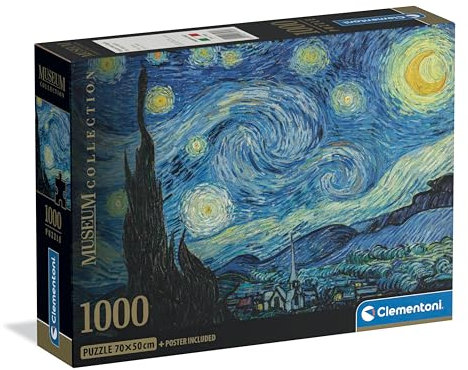 Clementoni - Puzzle Van Gogh 1000 Pezzi Arte per Adulti e Ragazzi, Museum Collection, Tema Notte Stellata, con Poster Incluso, Compact Box, Idea Regalo Uomo e Donna, Made in Italy, 70x50 cm, 37065