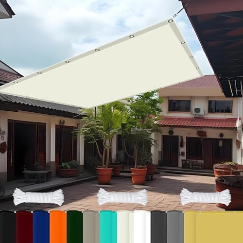Sonnensegel Schattenspender 8 x 9 m Reißfest Uv-Schutz Nach Mass Polyestergewebe mit Seil Sonnensegel Befestigen Ohne Bohren Sonnenschutz Markise für Pool Und Glasdach, cremefarben