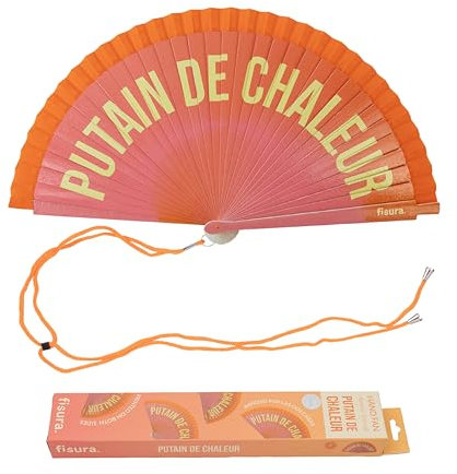 Fisura – Ventaglio originale con messaggio “P*tain de chaleur”. Design moderno e colorato reversibile in legno. Ventilatore a mano sfumato rosa arancio. Gancio incluso. 42,5 x 23 cm