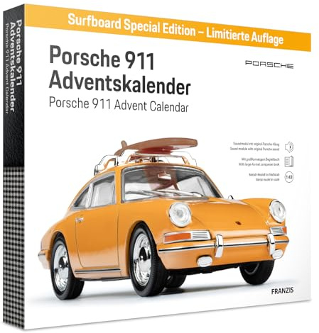 FRANZIS 67299 – Porsche 911 specialutgåva surfbräda adventskalender – modellbyggsats i skala 1:43, inkl. ljudmodul och 52-sidig ekordbok