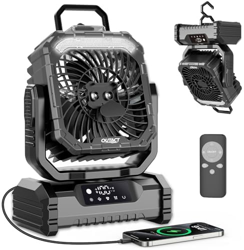 Camping Ventilator 20000mAh, Wiederaufladbarer Tischventilator USB Ventilator mit LED Licht & Haken, 270° Drehung mit Fernbedienung, Misting Fan für Outdoor, Zelt, Grillen, Strand - Schwarz