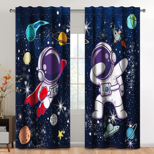 Kzzfqxb 117x138cm Kindervorhänge 2 Paneele, Schwarze Sternen Universum Astronauten Vorhänge, Lustige Fantasie Dekor für Kinder Jungen Mädchen Schlafzimmer Kinderzimmer Wohnzimmer