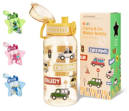 UZSPACE Bouteille d'eau anti-fuite pour enfants - 600 ml - Tritan sans BPA - Fonctionnement à une main - Pour garçons et filles - Pour l'école, l'extérieur, la crèche - Jaune