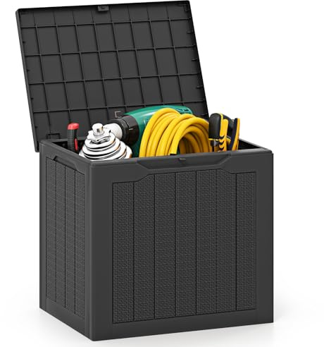 COSTWAY Garden Storage Box, Waterproof Plastic Deck Box with Handles & Lockable Lid, Outdoor Storage Bin Furniture Organizer for Cushion Tool (Wicker-Woven Pattern, 56 x 41 x 50cm, Black)