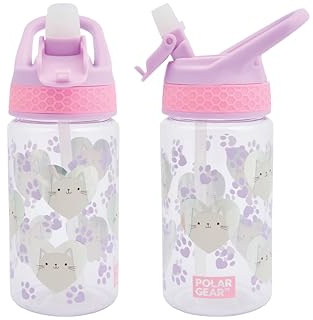 Polar Gear 430ml Kids Bottle with Easy Open Flip Cap - BPA Free, Spill-Proof Soft Spout, Secure Screw Cap Closure, Suitable for Ages 48 Months and Up - Kitty Paws, Pink