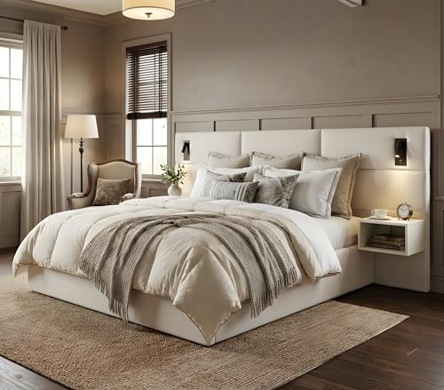 Merax King Size Bed Frame and Upholstered Headboard, Modern Platform Bed with 2 Built-in Open Nightstand & Adjustable Reading Lamp, Soft White Bed Frame with Sturdy Wood Slats, No Box Spring Needed