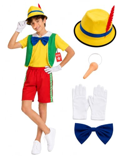 Fun Shack Pinocchio Kostüm Kinder, Märchen Halloween Kostüm Kinder, S | Hemd, Weste, Hose, Nase & Federhut, Buntes Design, Perfekt für Halloween, Ideal für Rollenspiele