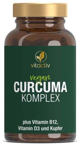 VITACTIV Curcuma Komplex - Vitamin B12 Immunsystem & Zellschutz - 60 Kaps. | Hochdosiert, Vegan, Glutenfrei. Kupfer: Zellschutz. Vitamin B12: weniger Müdigkeit. Vitamin D: normale Knochen