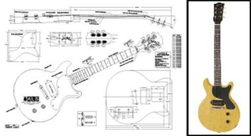 Plan of Gibson Les Paul Jr. E-Gitarre mit Doppel-Cutaway, Vollmaßstabsdruck