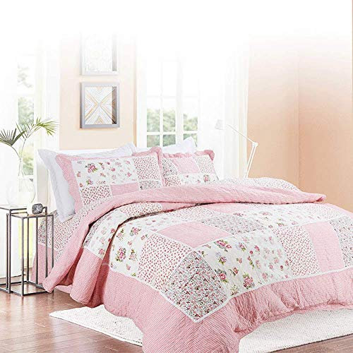 Rosa Blumen Patchwork Bettüberwurf 3PCS Reversible Tagesdecke Gesteppte Bettwäsche Baumwolle Rustikalen Doppelbett Decke Kissenbezüge Geeignet Für Die Vier Jahreszeiten,King:230X250CM+50X70CMX2