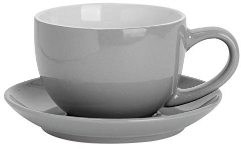 Argon Tableware Grey Cappuccino Cup with Saucer - 250ml Dishwasher Safe Gloss Stoneware Cappuccino Cups and Saucer Set Coffee Mugs with Handle and Grooved Plate