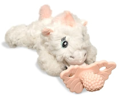 RaZbaby Unicorn RaZbuddy w/RaZberry Teething Relief Pacifier – Soothes Sore Gums w/Nature-Inspired Texture, 100% BPA-Free Silicone Teether, Detachable Stuffed Animal – 3 Months+ Teether, Pink