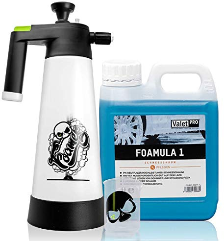 Nuke Guys Snow Foam Set: Nuke Guys Foamer 2L Schaumsprüher + ValetPRO Foamula1, 1L + Nuke Guys Messbecher 150ml skaliert mit Nuke Guys skull
