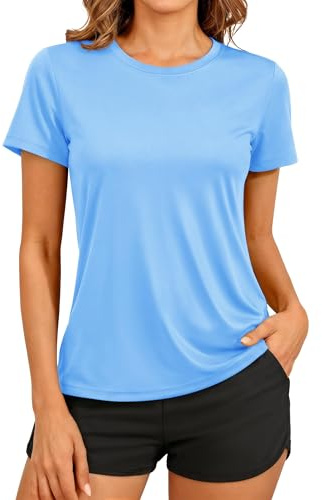 TACVASEN Damen Schwimmshirt UV Shirt Kurzarm Schnelltrocknend Atmungsaktiv Badeshirt Rashguard Sport Tshirt Fitness (Wasserblau, M)